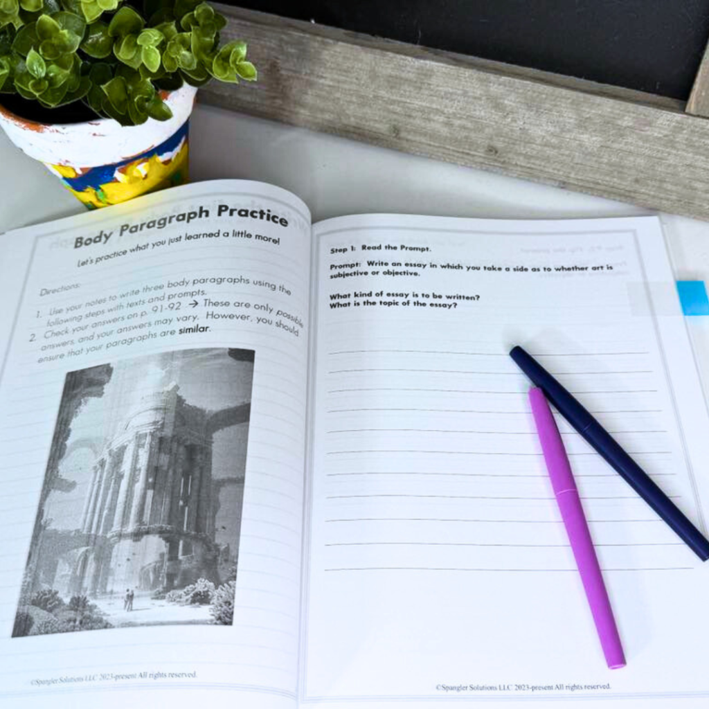 A look inside a middle school essay writing workbook that breaks body paragraphs into clear, manageable steps. This approach helps homeschool students organize their ideas, write with confidence, and apply the same structure to any text.
